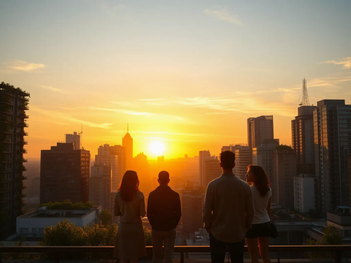 Urban skyline with green elements and resilient individuals