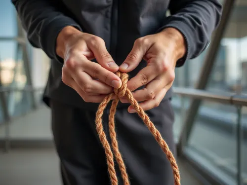 Person learning self-reliance skills like knot-tying