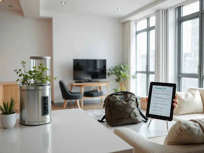 Urban Prepper preparing for emergencies in a modern city apartment