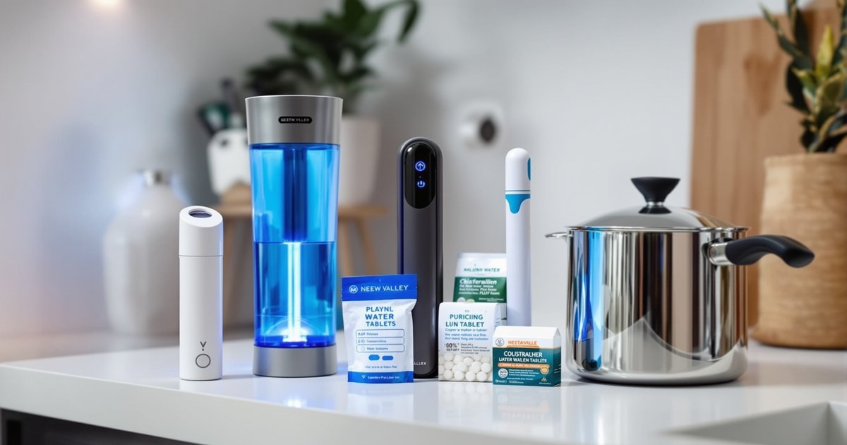 Apartment-friendly water purification methods on kitchen counter