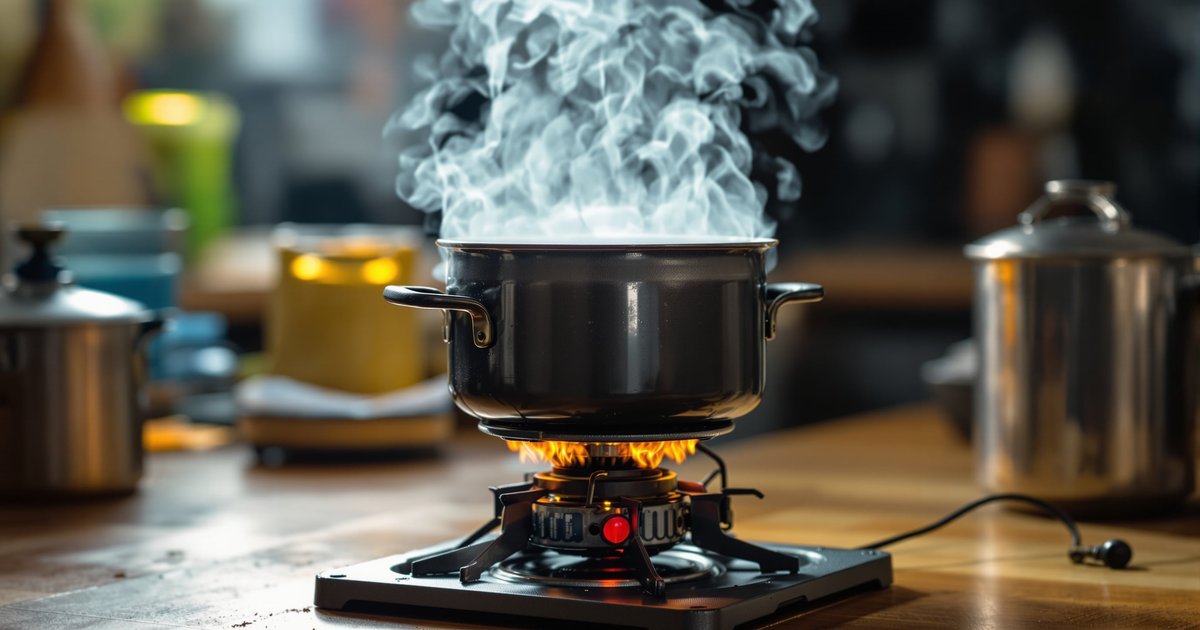 Boiling water for purification on portable stove during emergency
