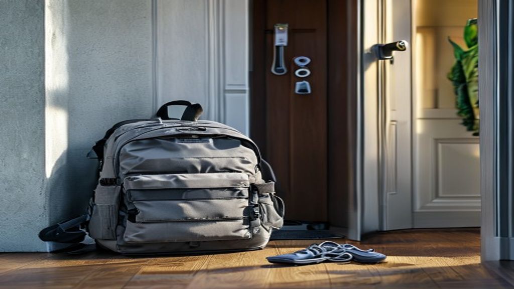 A compact bug out bag checklist essentials packed in a grey backpack near an apartment entrance