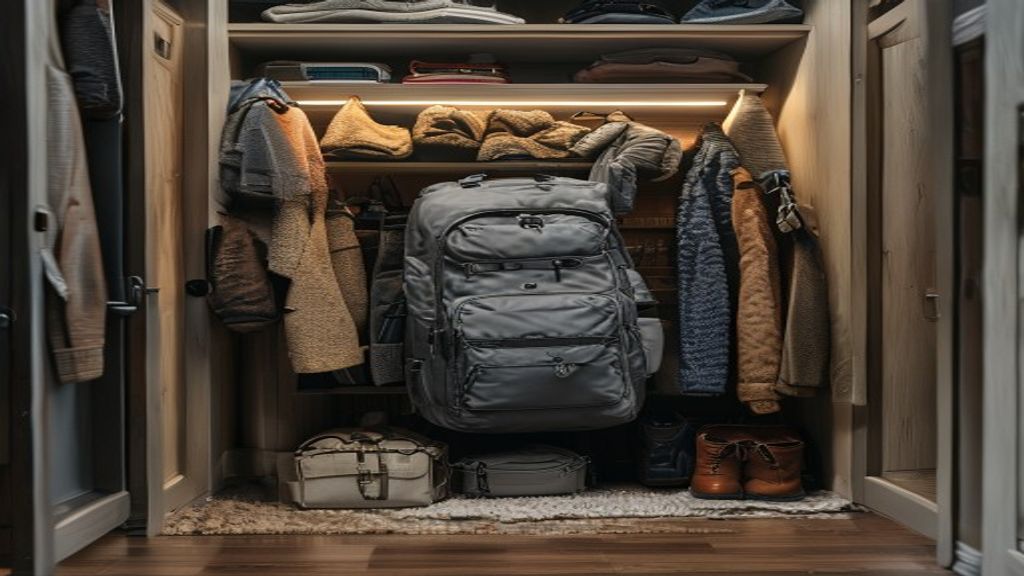 Bug out bag stored discreetly in apartment closet for quick emergency access