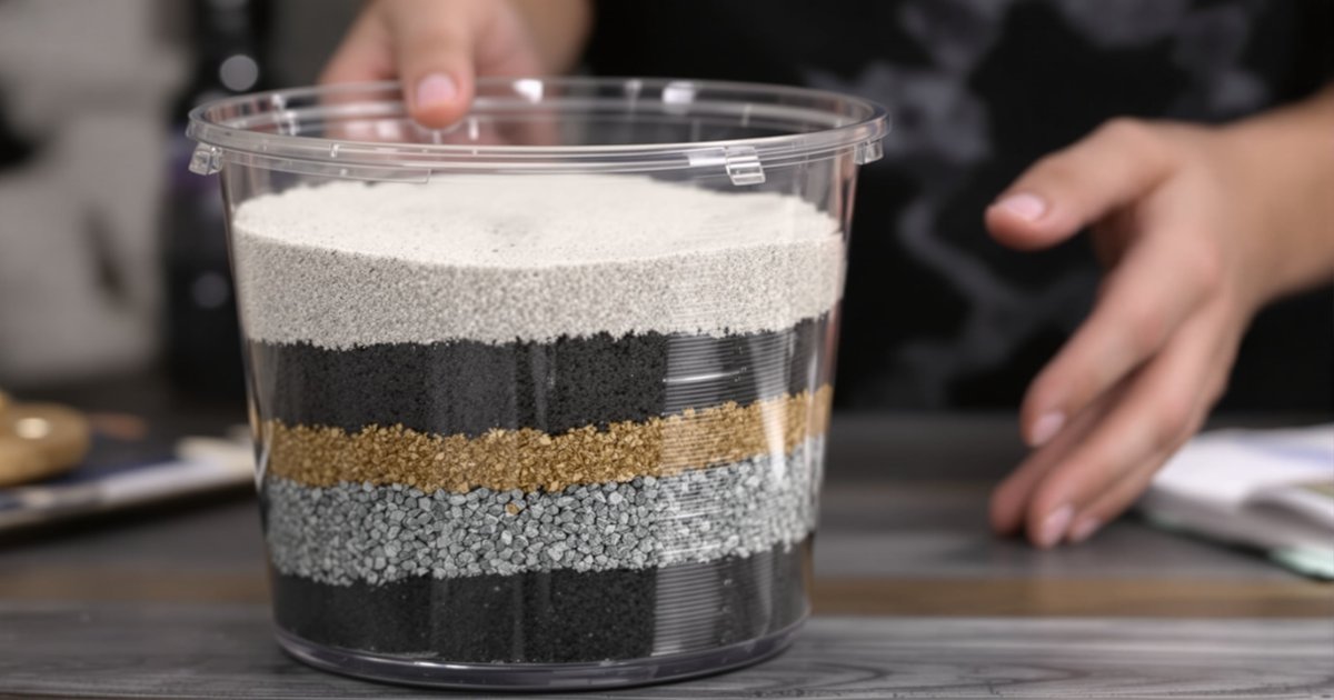 DIY charcoal water filtration system with visible filter layers