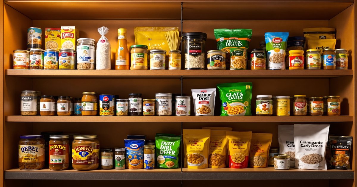 Comprehensive emergency food supply items on organized shelves