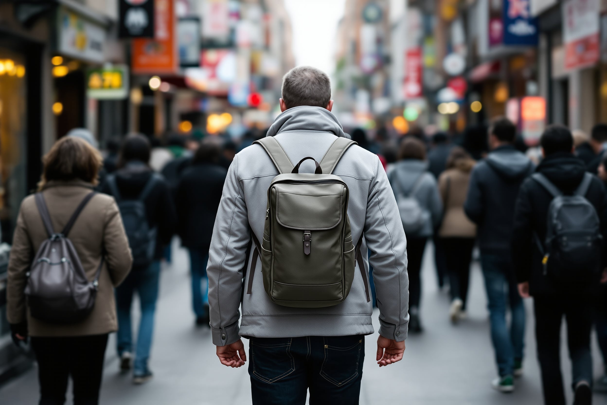Person in neutral clothing blending into urban crowd