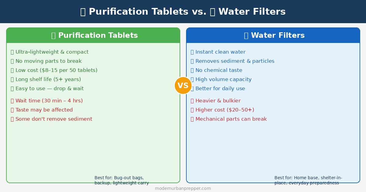 Water purification tablets versus filters comparison