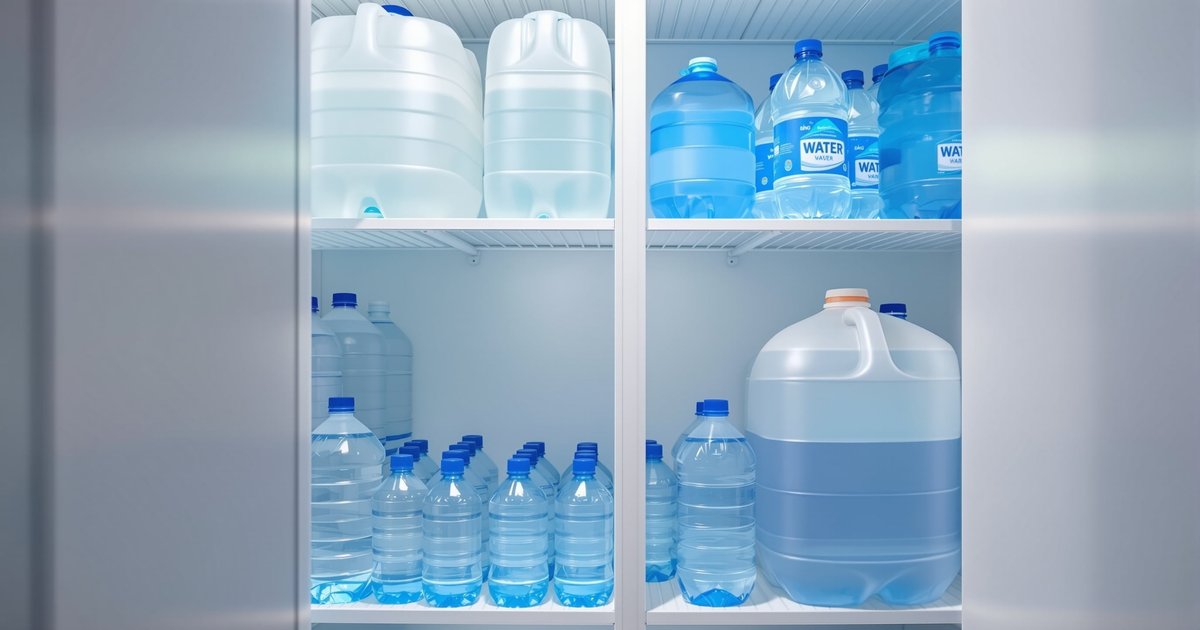 Organized emergency water storage containers in apartment closet